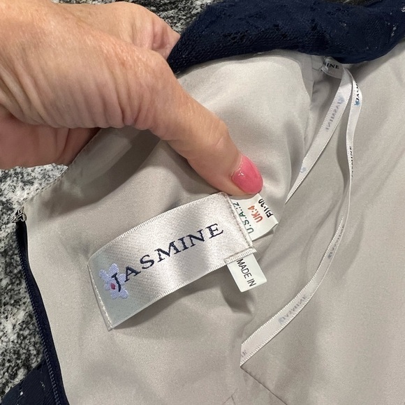 JASMINE lace over navy sleeves mini dress with back cut out - Picture 12 of 16